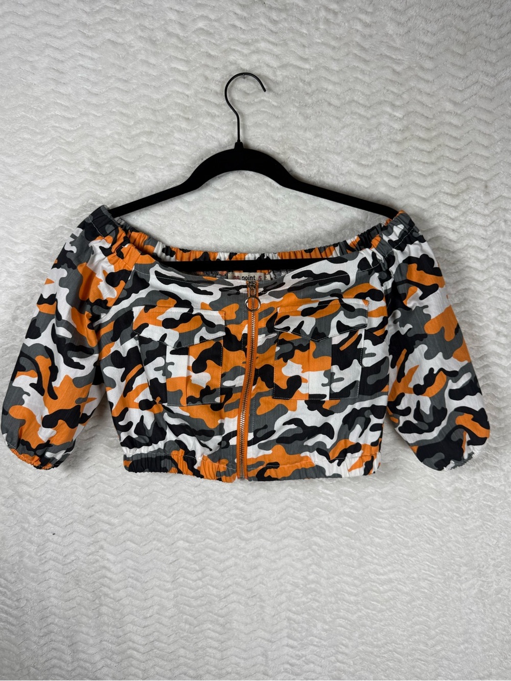 36 Point 5 Orange Black White Camo Zip-Off-Shoulder Crop Top